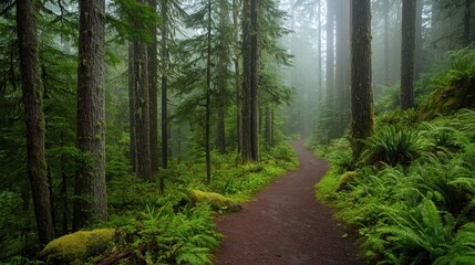Fototapeta premium A winding path through a lush, misty forest, with towering trees on either side and ferns growing along the edges.