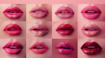 Obraz premium A grid of lips in different shades of pink, with the bottom lip slightly raised and the top lip slightly curled up. Each mouth is set against an isolated background to highlight their color and shape