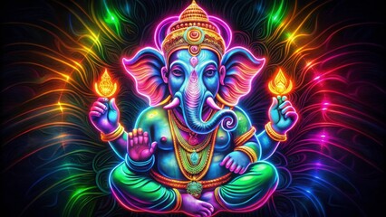 Vibrant neon-style painting of Ganesh with glowing outlines and bright colors on a dark background, Ganesh, vibrant