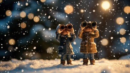Cute miniature two people statues standing on snow covered ground, holding binoculars to their eyes in winter, background shows snow falling from the sky