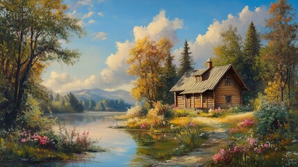 Fototapeta premium Summer landscape with wooden old house oil painting on canvas