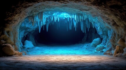 A serene cave with icicles and illuminated blue light.