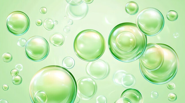 green bubbles oil or collagen serum for cosmetic product, 3d rendering