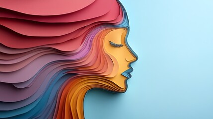 Human head silhouette filled with abstract paper cut geometric forms, symbolizing thoughts and creativity, ideal for conceptual artwork