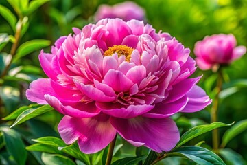 Beautiful Pink Peony with Long Stamens in Garden Closeup on Sunny Day