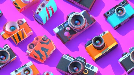 Colorful Vintage Cameras on Bright Background