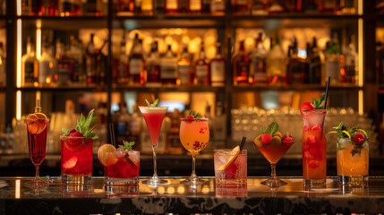 Assorted colorful cocktails displayed on a bar counter in a dimly lit lounge