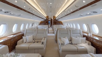 Fototapeta premium Luxurious interior of a private jet showcasing comfort and elegance.