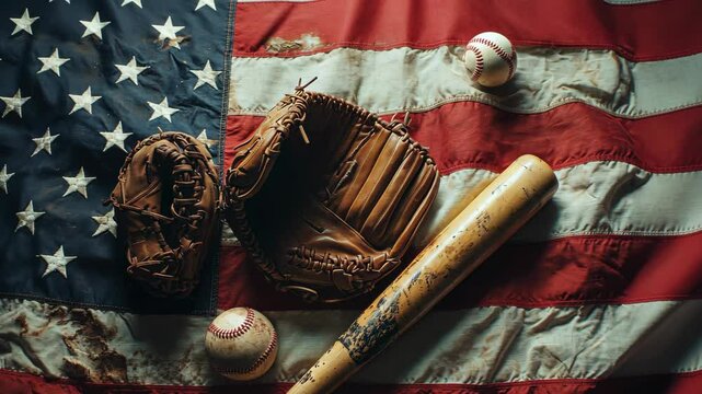 Baseball bat, glove, and ball arranged on a folded American flag, symbolizing patriotism and sportsmanship