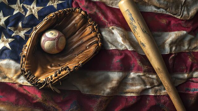 Baseball bat, glove, and ball resting on a draped American flag, warm nostalgic lighting