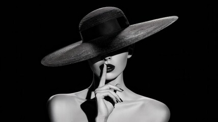 Black and white portrait of woman in vintage hat, hand covering lower face