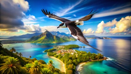 Obraz premium Black and White Bird Soaring in Blue Sky Over Tahiti - Stunning Tilt-Shift Photography