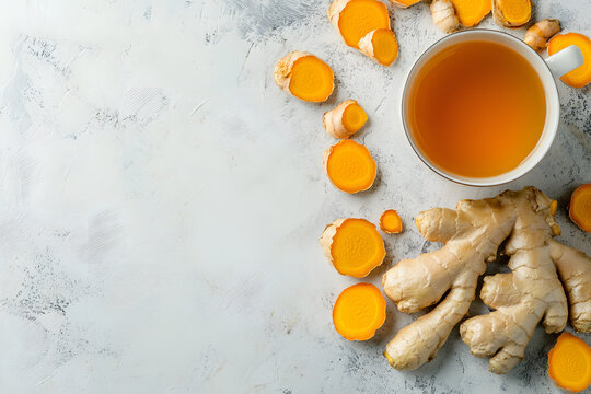 A cup of golden tea sits on a white background surrounded by sliced turmeric root and a whole ginger root.