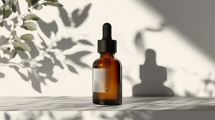Amber dropper bottle on a sunlit white surface with leafy shadows.
