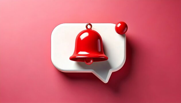 A vibrant red notification bell icon within a chat bubble on a pink background, symbolizing alerts and communication.