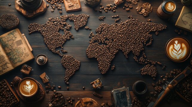 Global world map made from coffee bean in wooden table  