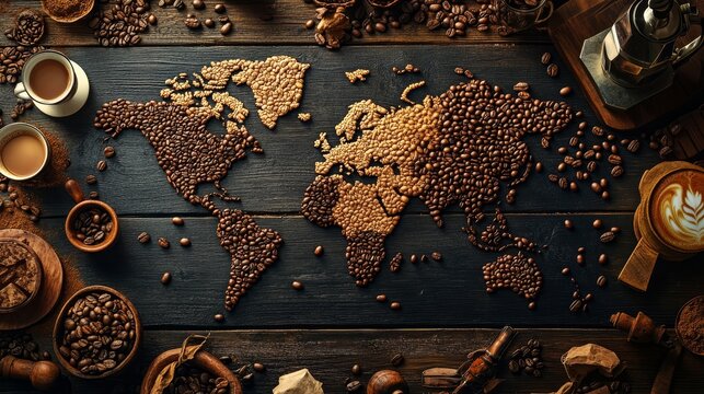Global world map made from coffee bean in wooden table  