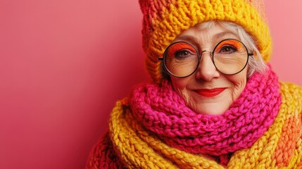 This elderly woman, full of joy, wears colorful knitwear that embodies the spirit of vibrant kidulthood.