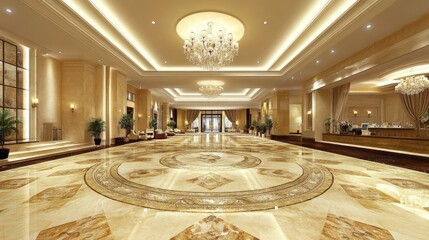 Obraz premium Elegant lobby with a marble floor, chandelier, and reception desk.