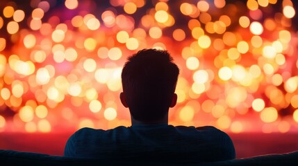 A young man enjoys a relaxed evening at home, watching a movie on the couch, embraced by soft, warm lighting.