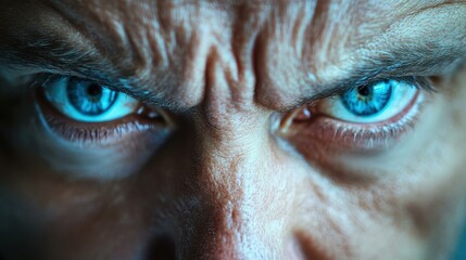 A striking closeup of a criminal suspect shows tense emotions through their piercing blue eyes and deep forehead wrinkles.