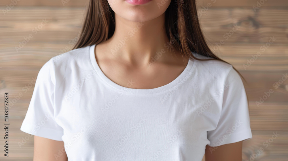 Wall mural A stylish woman models a crisp white Tshirt against a rustic wooden backdrop, highlighting the apparels unique design.