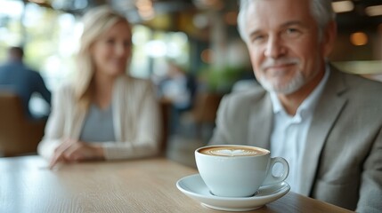 Two professionals strike a friendly deal over coffee, blending casual vibes with smart negotiations in a clean, inviting space.