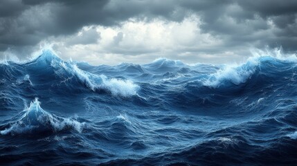Stormy ocean waves under a dramatic cloudy sky.