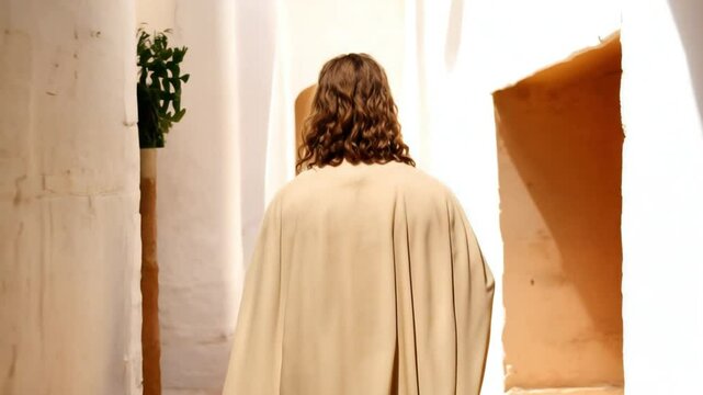 Jesus walking in a sunlit ancient corridor