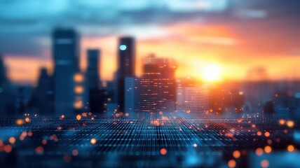 Futuristic city skyline at sunset with digital overlay effects