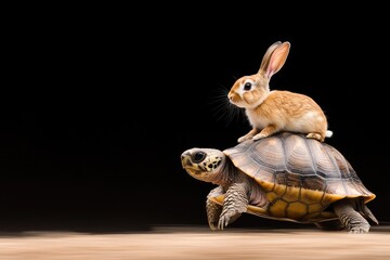 Turtle and Rabbit, An Unlikely Friendship in Motion, A captivating scene of a rabbit sitting on a turtle