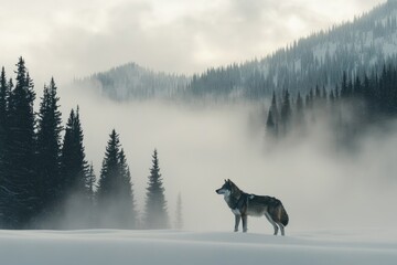 Obraz premium A proud wolf wearing a festive scarf stands in a serene winter landscape