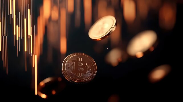 Bitcoin coins floating with digital data visualization - Powered by Adobe