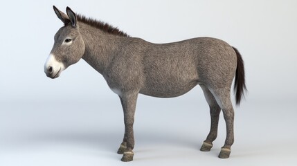 Obraz premium A gray donkey stands on a white background, looking to the left.