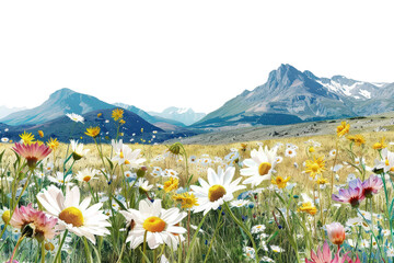 Fototapeta premium Vibrant daisies in a colorful field set against mountain peaks
