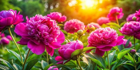 Obraz premium Blooming Dark Pink Peonies in a Summer Garden - Perfect Background for Text
