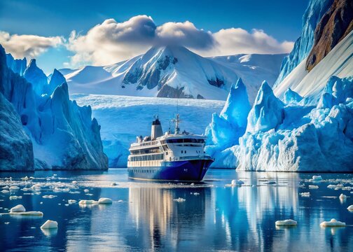 Blue Antarctic Cruise Vessel Navigating Icebergs in Neco Bay with Majestic Glacier Background