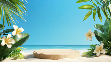 Obraz premium A podium made of wood on a beautiful beach