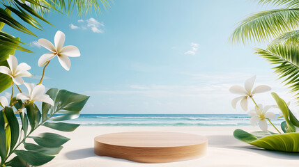 Obraz premium A podium made of wood on a beautiful beach