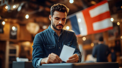 Fototapeta premium A man casting his vote in a polling station with flags in the background.