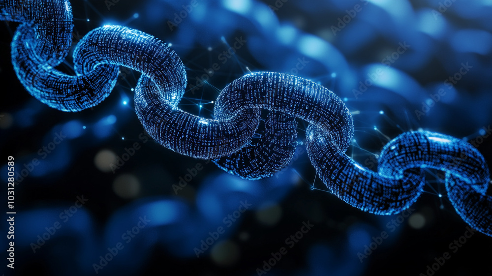 Poster digital representation of a futuristic chain made of glowing data links in a dark, abstract setting