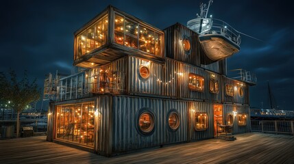Obraz premium A multi-story building constructed from shipping containers with warm lighting and a boat on the roof.