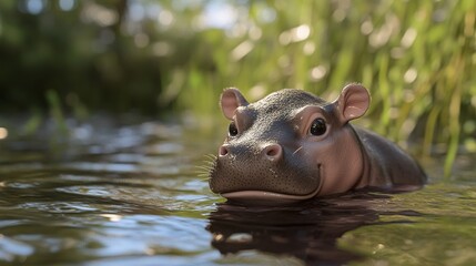 Fototapeta premium A charming 3D rendering of a baby Pygmy Hippo, showcasing its adorable features and playful nature. The baby hippo is depicted with a smooth, round body, small eyes, and soft, delicate skin.