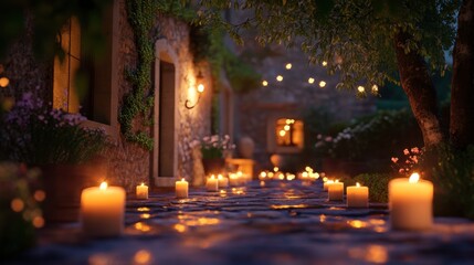 Serene Candlelit Pathway in a Garden Setting