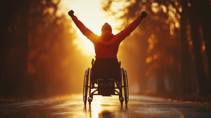 Wheelchair athlete celebrates victory with arms raised in the air during a race at sunrise