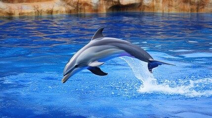 Obraz premium A stunning image of a graceful dolphin leaping through the air above the crystal-clear ocean, capturing the beauty and freedom of marine life. The dolphin’s sleek body arches with elegance 