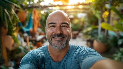 A smiling man taking a selfie in a lush, green garden setting.