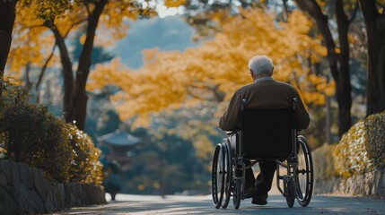 Elderly man in a wheelchair taking a stroll through a beautiful scenic park alone