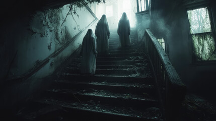 Three women dressed in white robes walk up a dark staircase