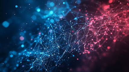 Abstract digital network design overlay featuring vibrant blue and red connections in a cosmic scene